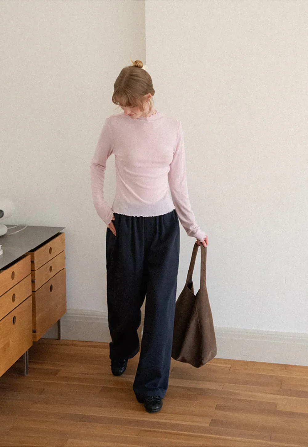 High Waist Elastic Waistband Wide Leg Casual Pants