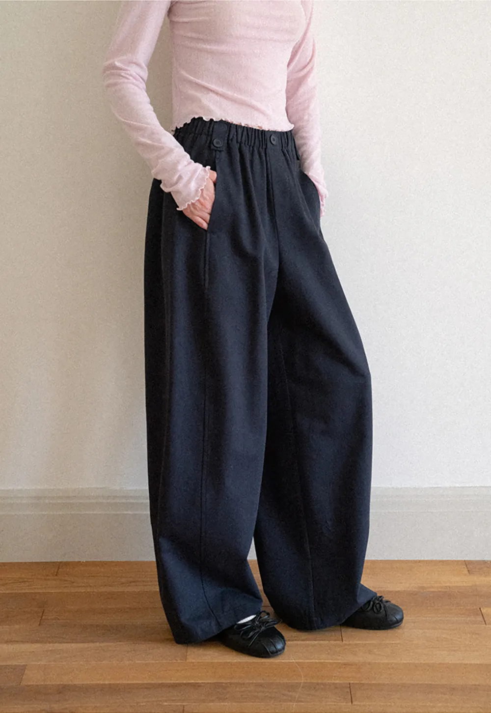 High Waist Elastic Waistband Wide Leg Casual Pants