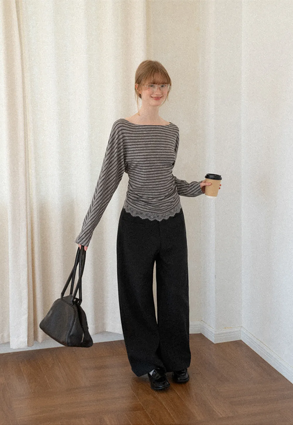 Lace Trim High Waist Wide Leg Casual Pants