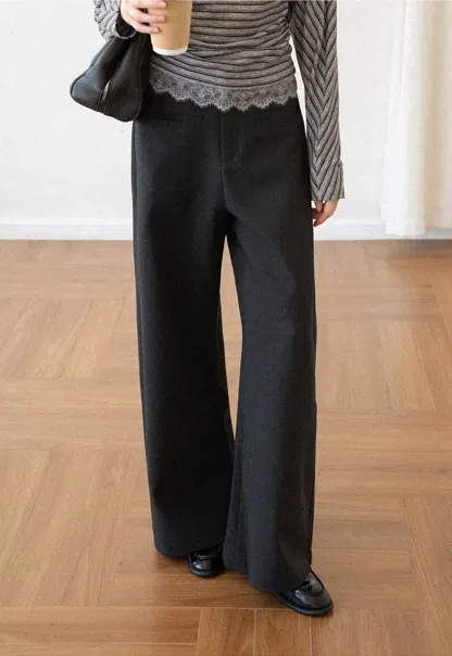 Lace Trim High Waist Wide Leg Casual Pants