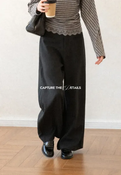 Lace Trim High Waist Wide Leg Casual Pants