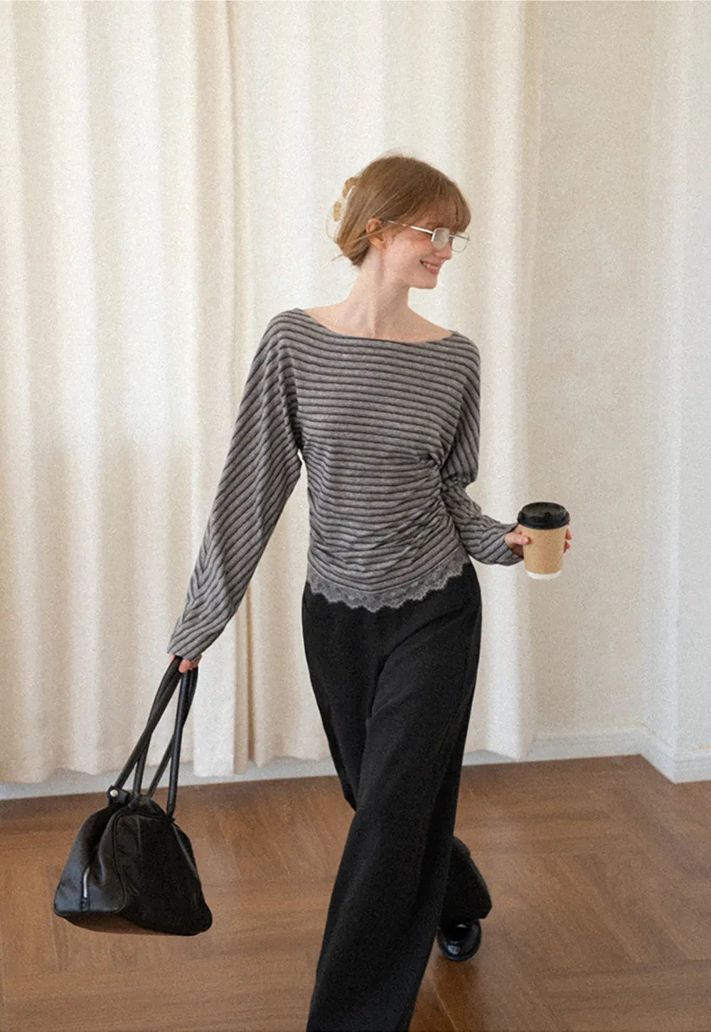 Lace Trim High Waist Wide Leg Casual Pants
