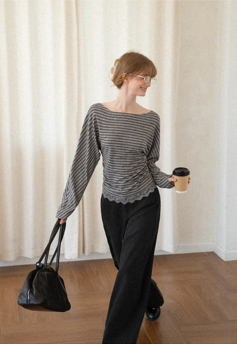 Lace Trim High Waist Wide Leg Casual Pants