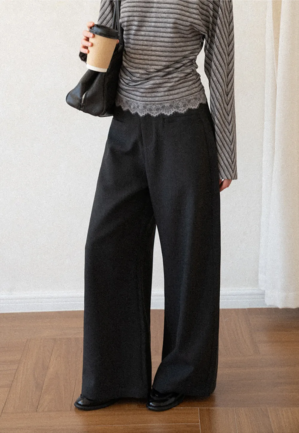 Lace Trim High Waist Wide Leg Casual Pants