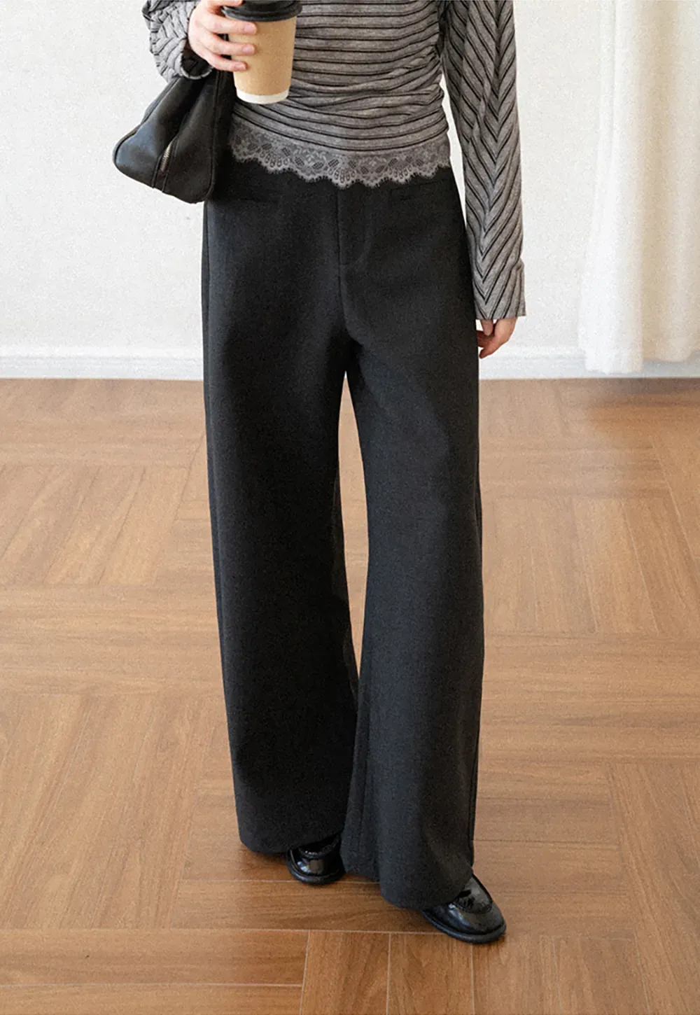 Lace Trim High Waist Wide Leg Casual Pants
