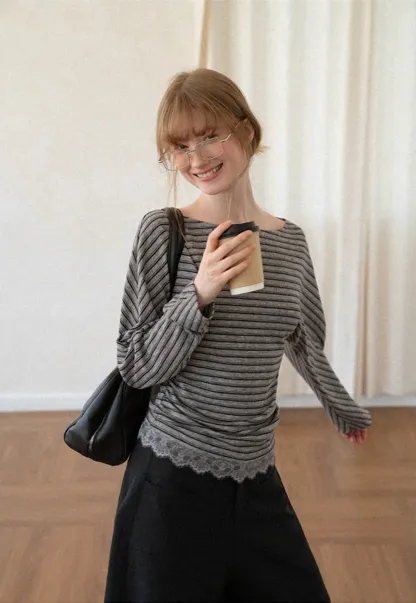 Lace Trim High Waist Wide Leg Casual Pants