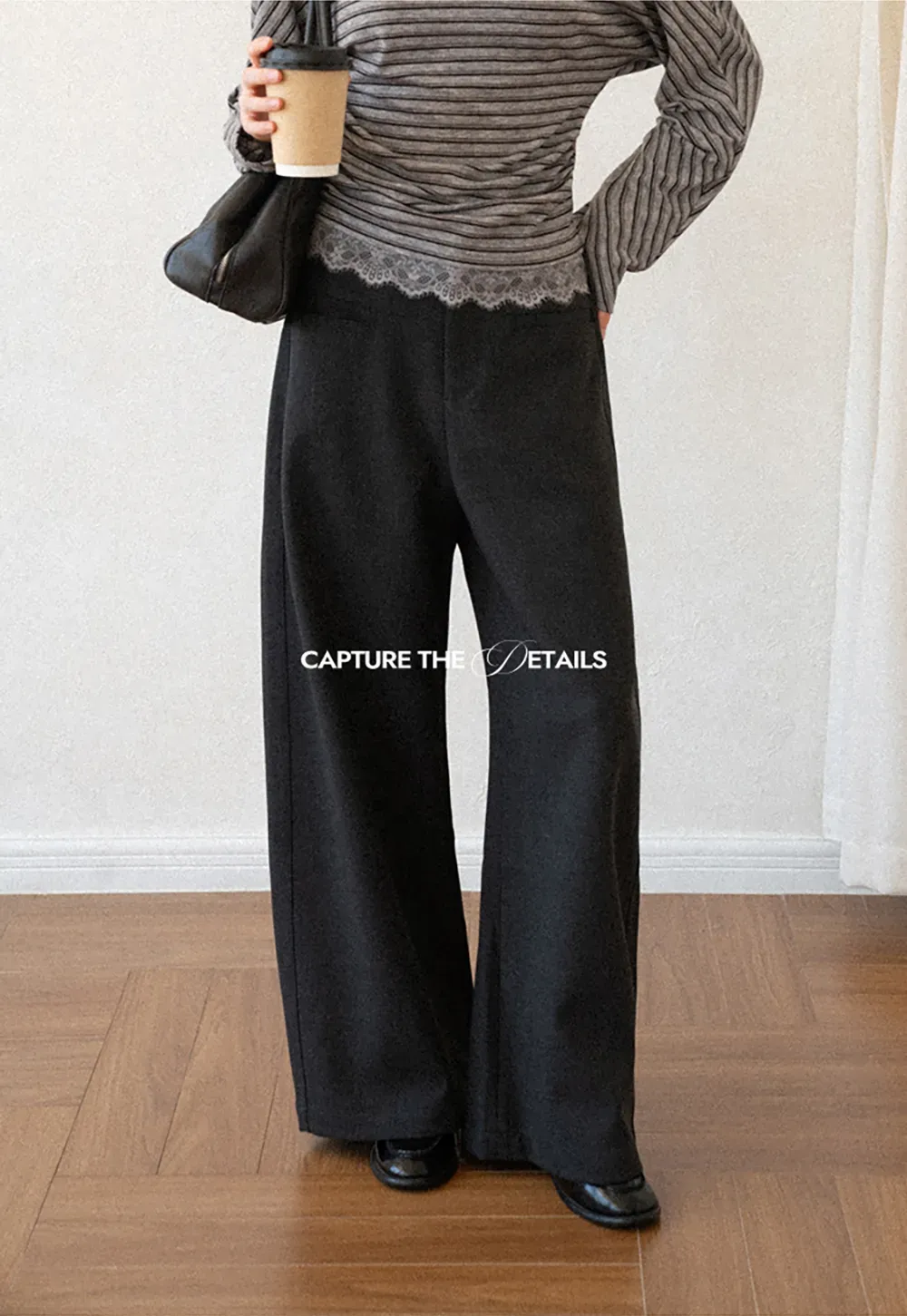 Lace Trim High Waist Wide Leg Casual Pants