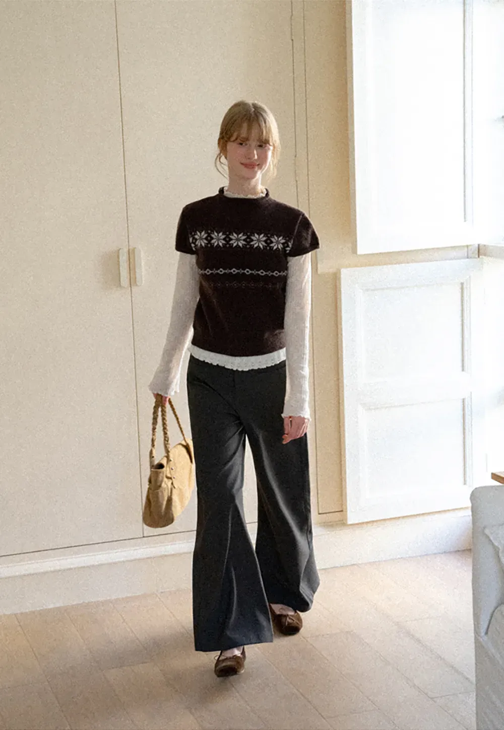 Lace Trim High Waist Wide Leg Casual Pants