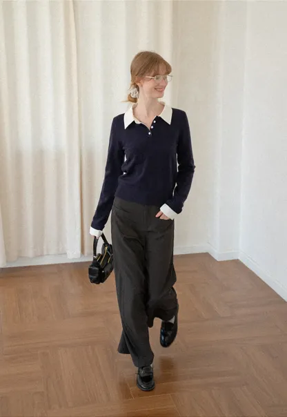 Lace Trim High Waist Wide Leg Casual Pants