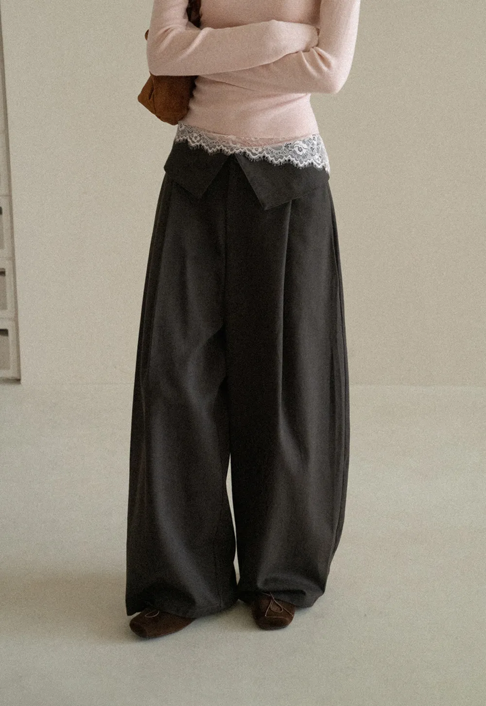 Lace Trim High Waist Wide Leg Casual Pants