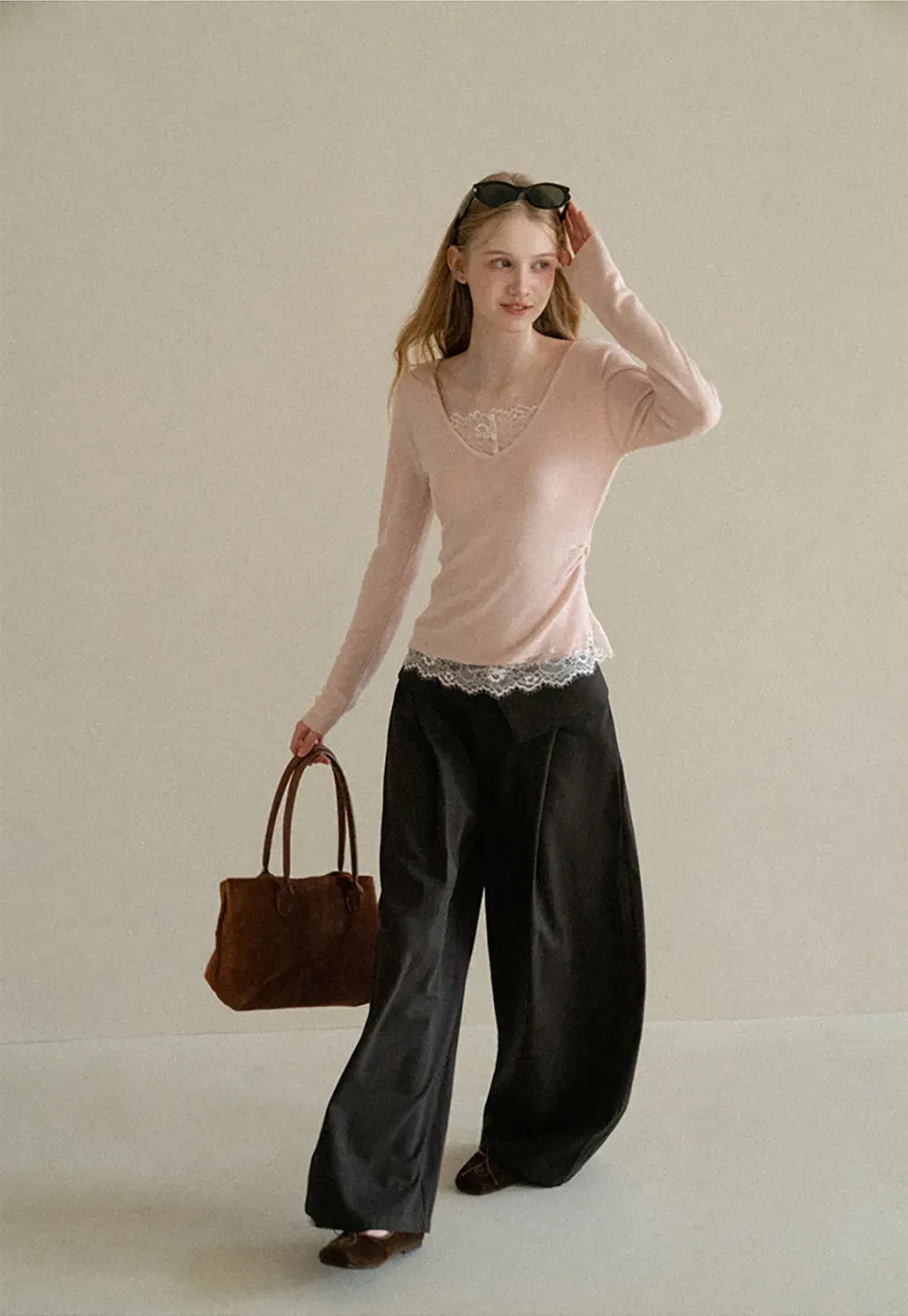 Lace Trim High Waist Wide Leg Casual Pants