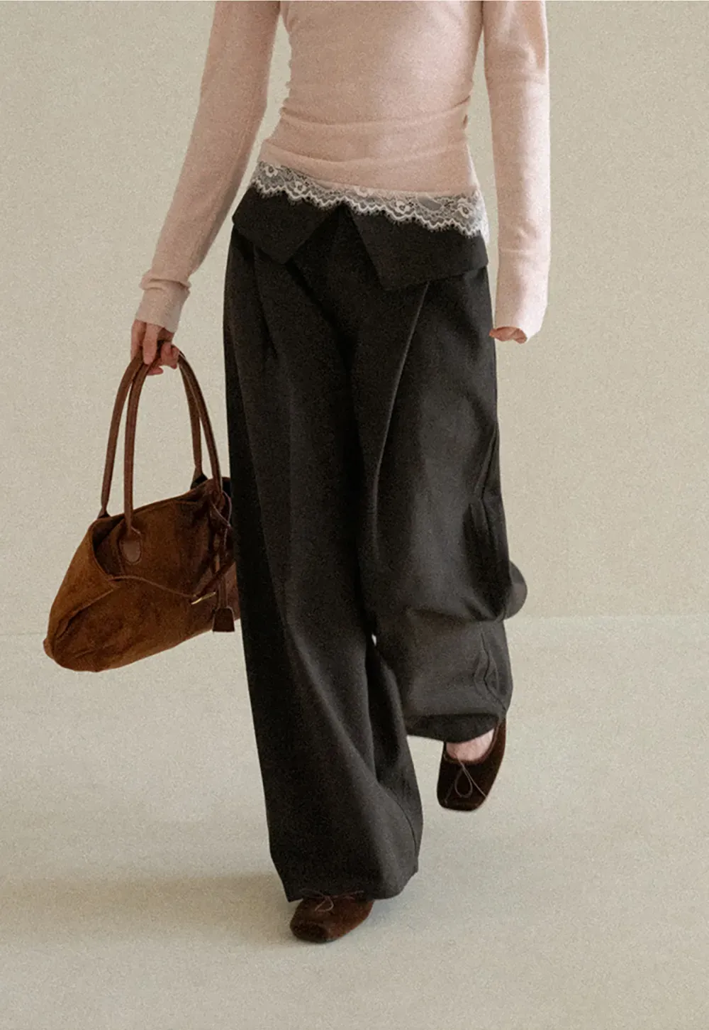 Lace Trim High Waist Wide Leg Casual Pants