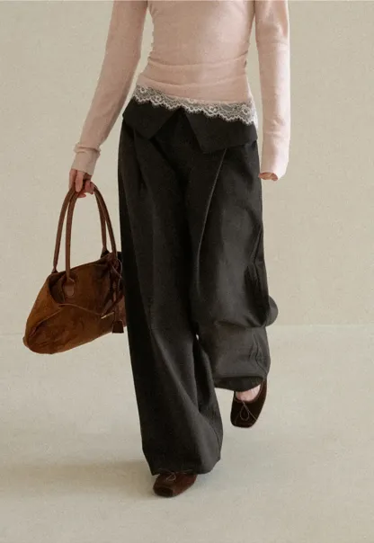 Lace Trim High Waist Wide Leg Casual Pants