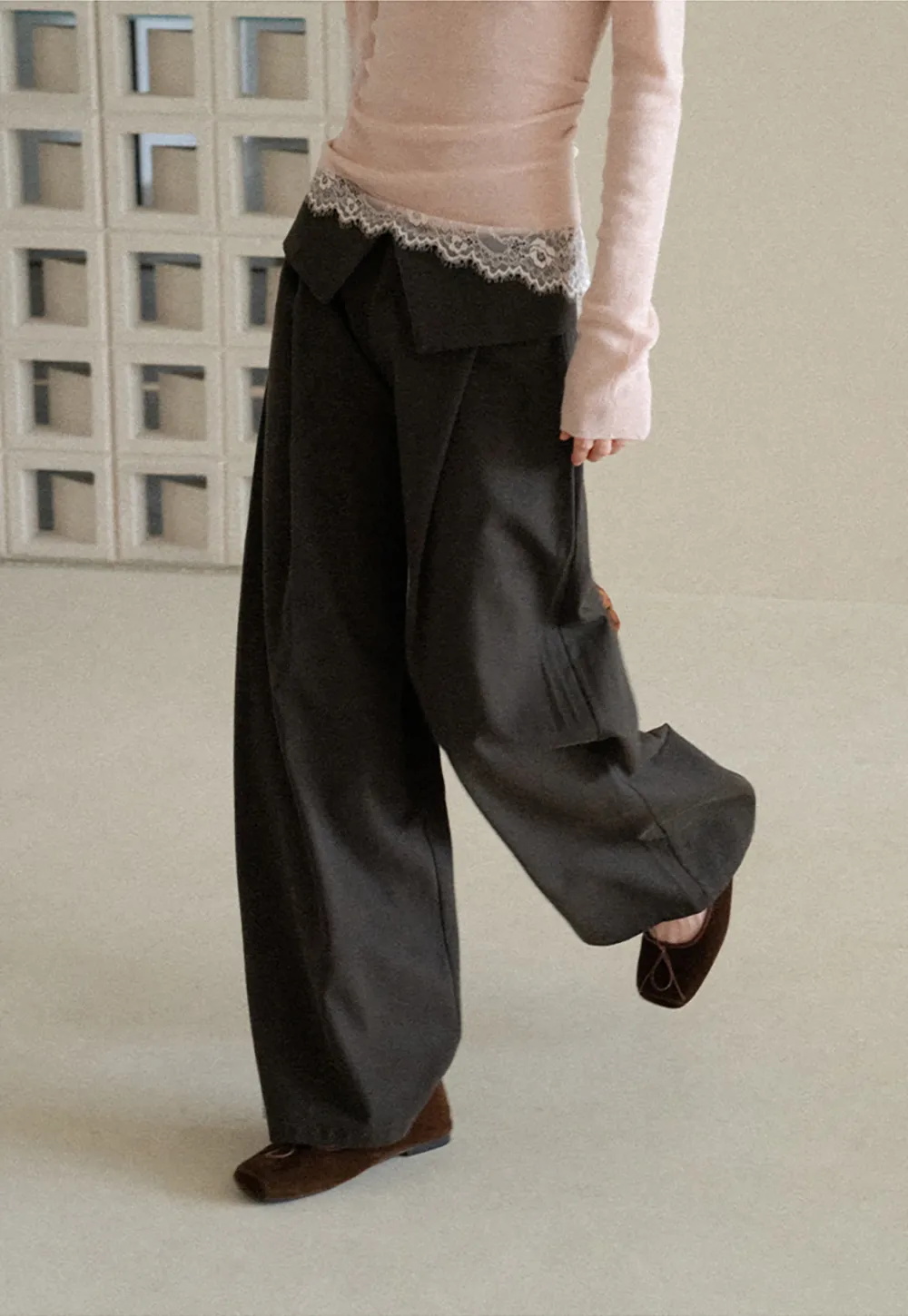 Lace Trim High Waist Wide Leg Casual Pants