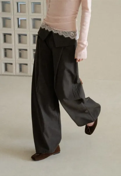 Lace Trim High Waist Wide Leg Casual Pants