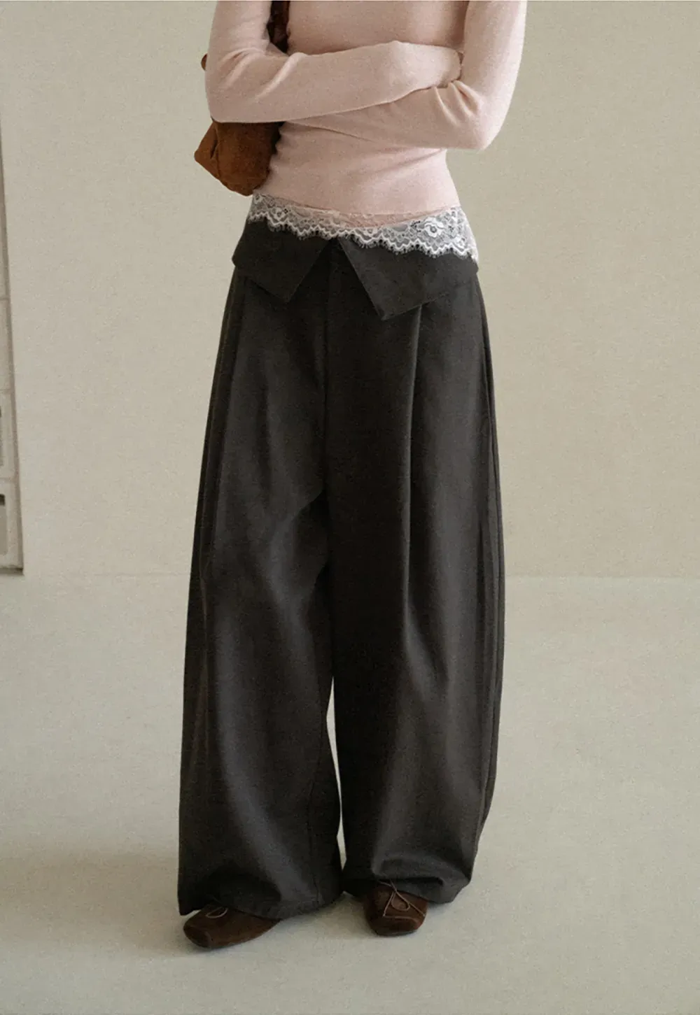 Lace Trim High Waist Wide Leg Casual Pants
