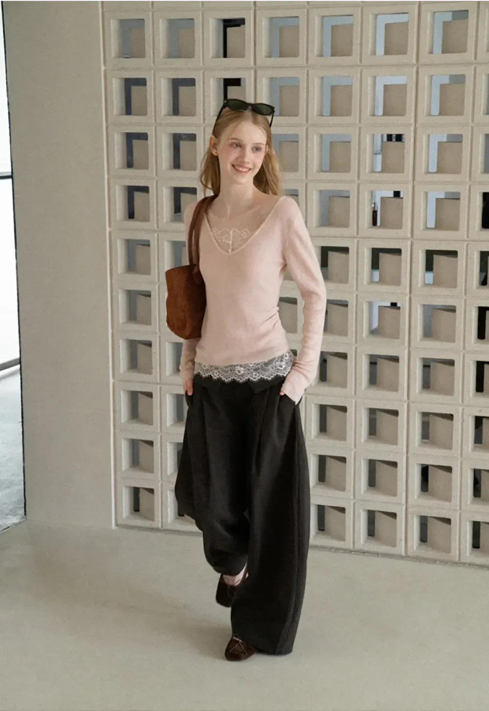 Lace Trim High Waist Wide Leg Casual Pants