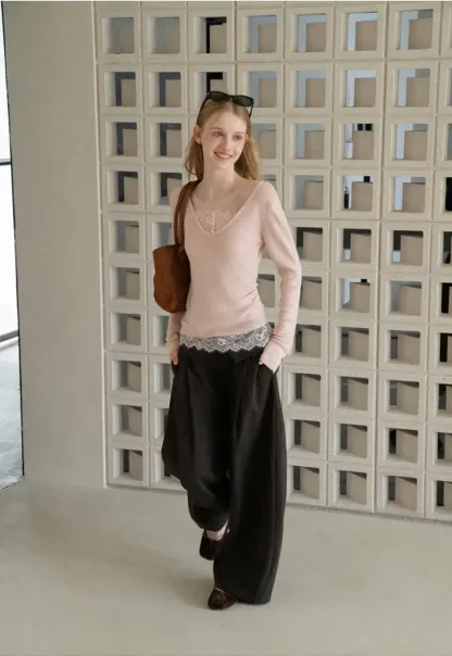 Lace Trim High Waist Wide Leg Casual Pants