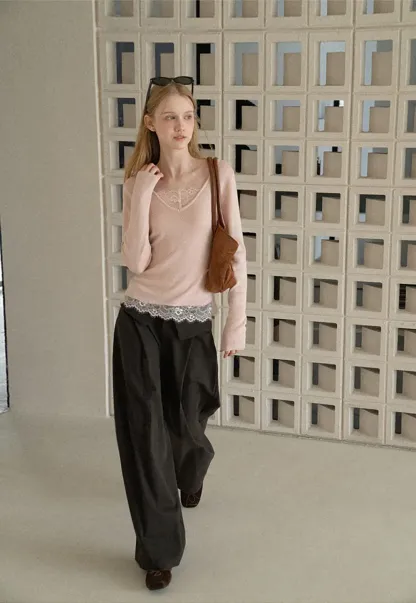 Lace Trim High Waist Wide Leg Casual Pants