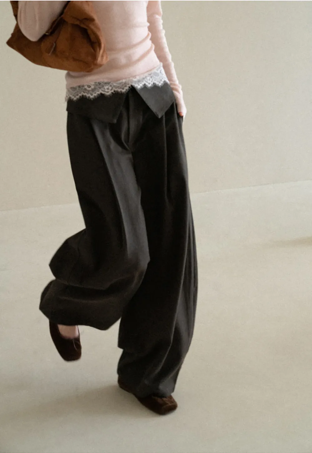 Lace Trim High Waist Wide Leg Casual Pants