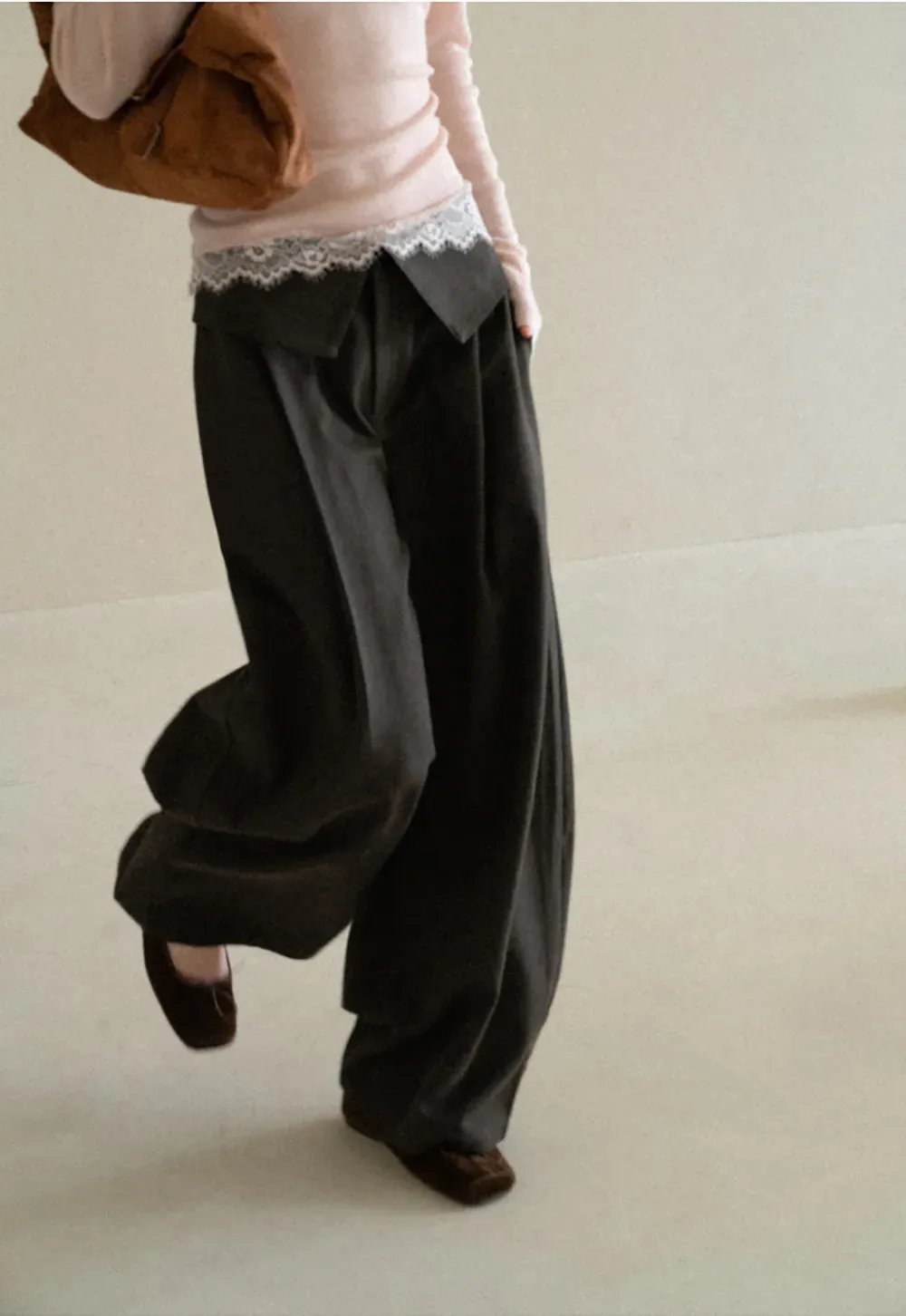 Lace Trim High Waist Wide Leg Casual Pants