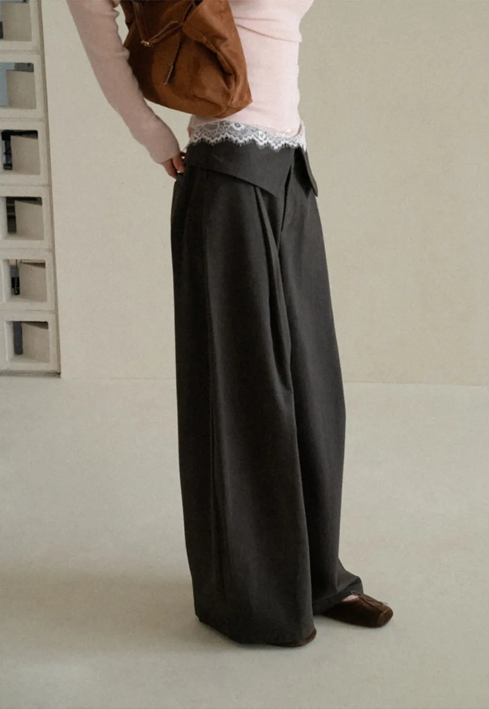 Lace Trim High Waist Wide Leg Casual Pants