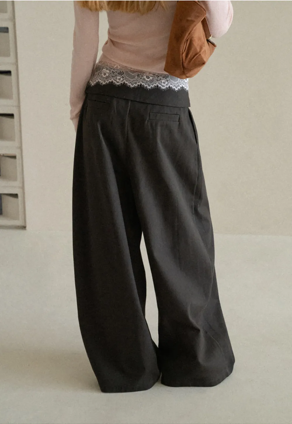 Lace Trim High Waist Wide Leg Casual Pants