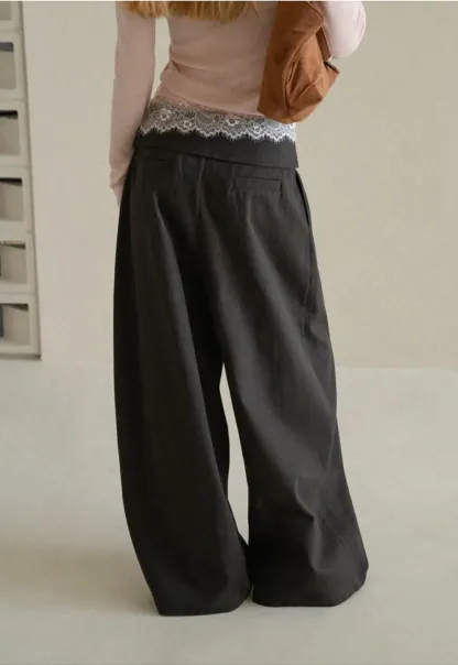 Lace Trim High Waist Wide Leg Casual Pants