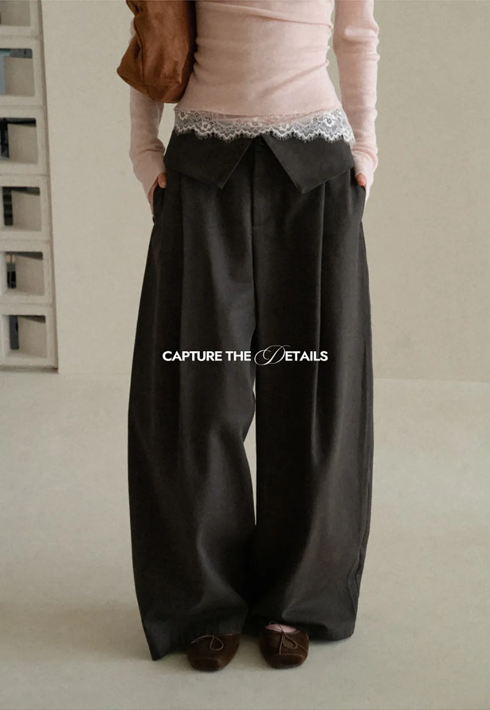 Lace Trim High Waist Wide Leg Casual Pants