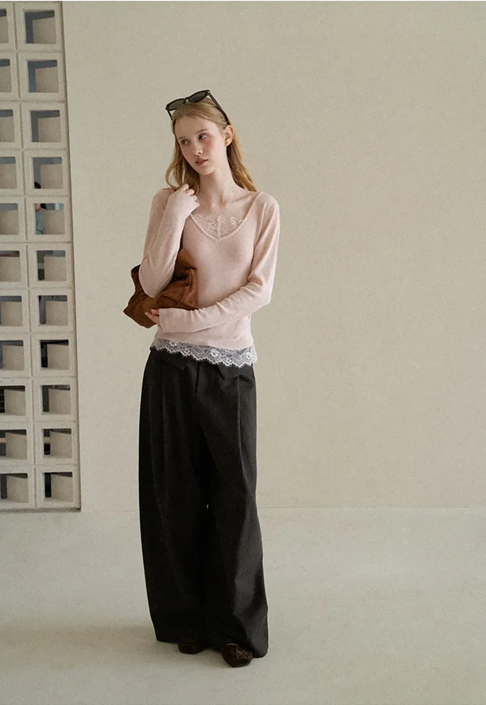 Lace Trim High Waist Wide Leg Casual Pants