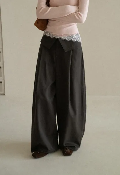 Lace Trim High Waist Wide Leg Casual Pants