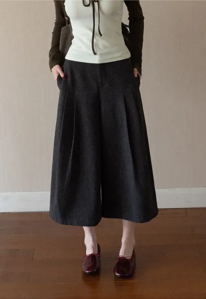 Pleated Wide Leg Cropped Casual Pants