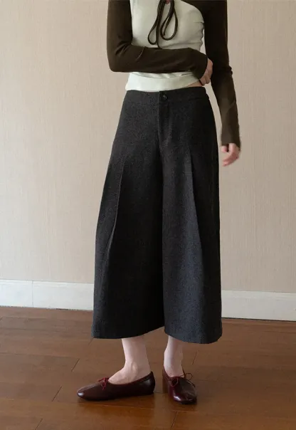 Pleated Wide Leg Cropped Casual Pants