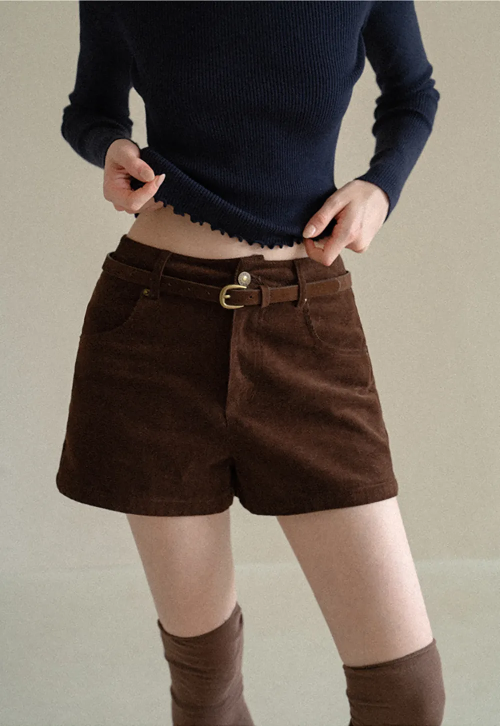 High Waist Corduroy Shorts with Belt Loop