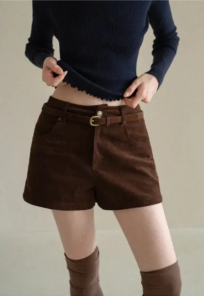 High Waist Corduroy Shorts with Belt Loop
