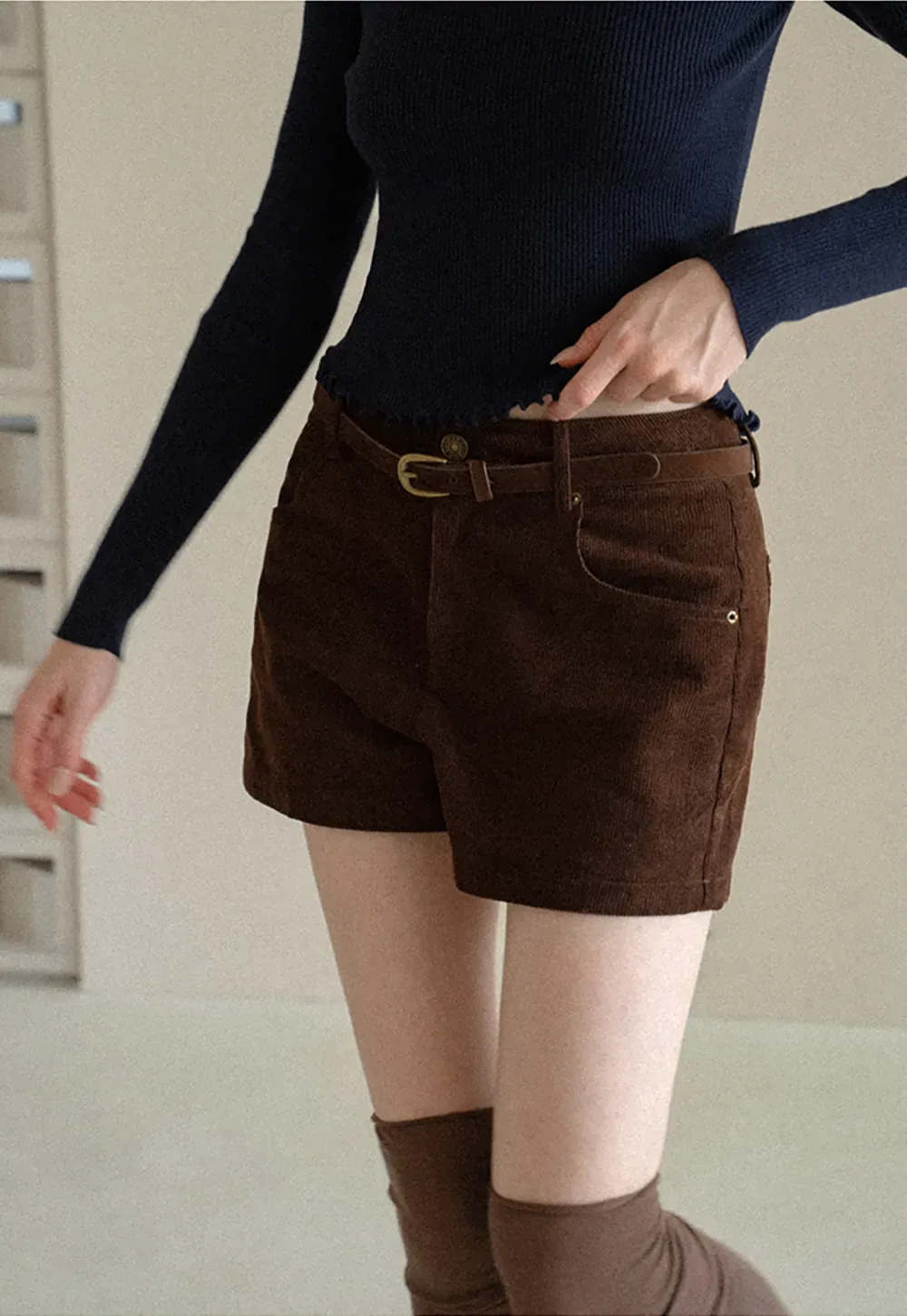 High Waist Corduroy Shorts with Belt Loop