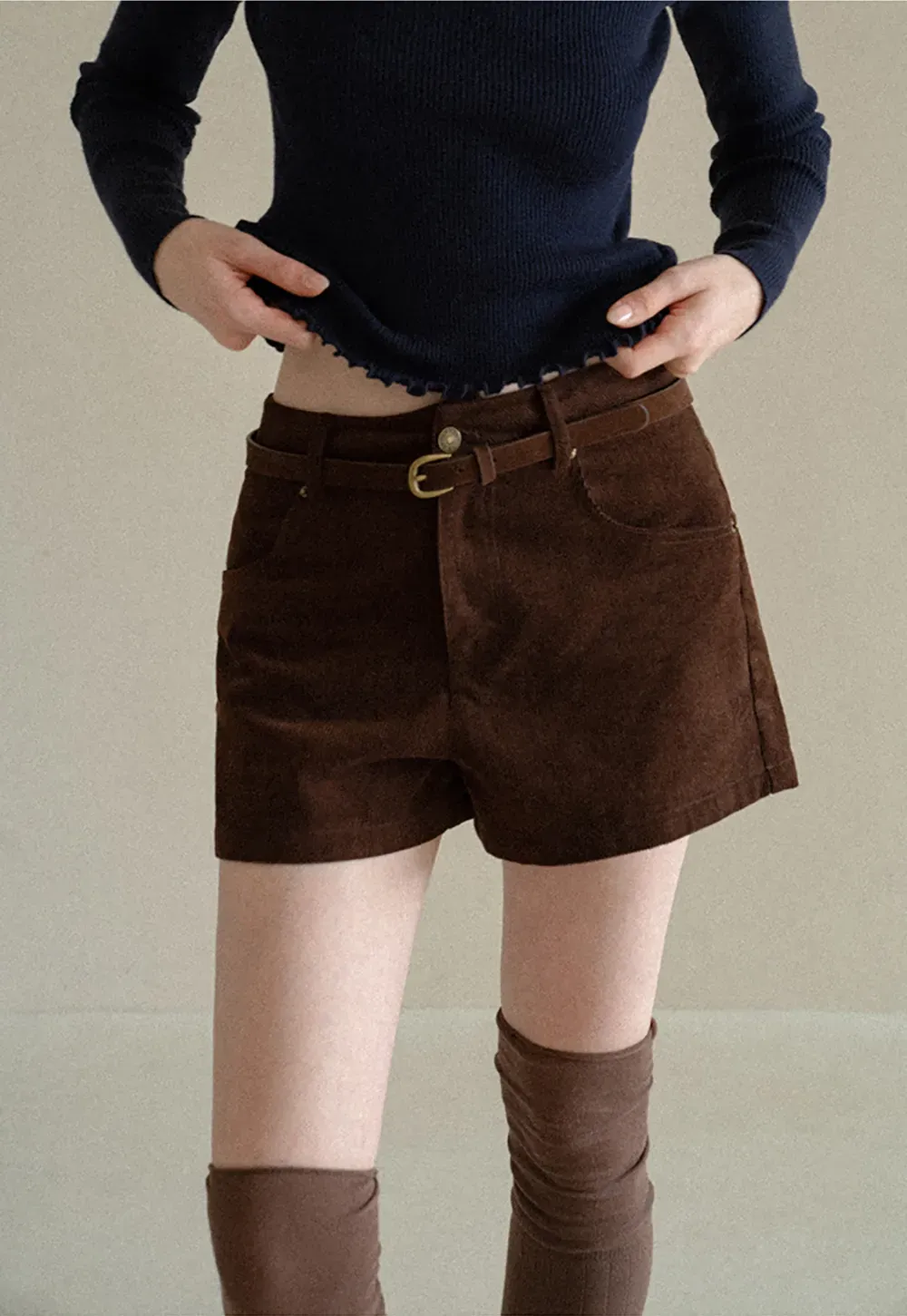 High Waist Corduroy Shorts with Belt Loop