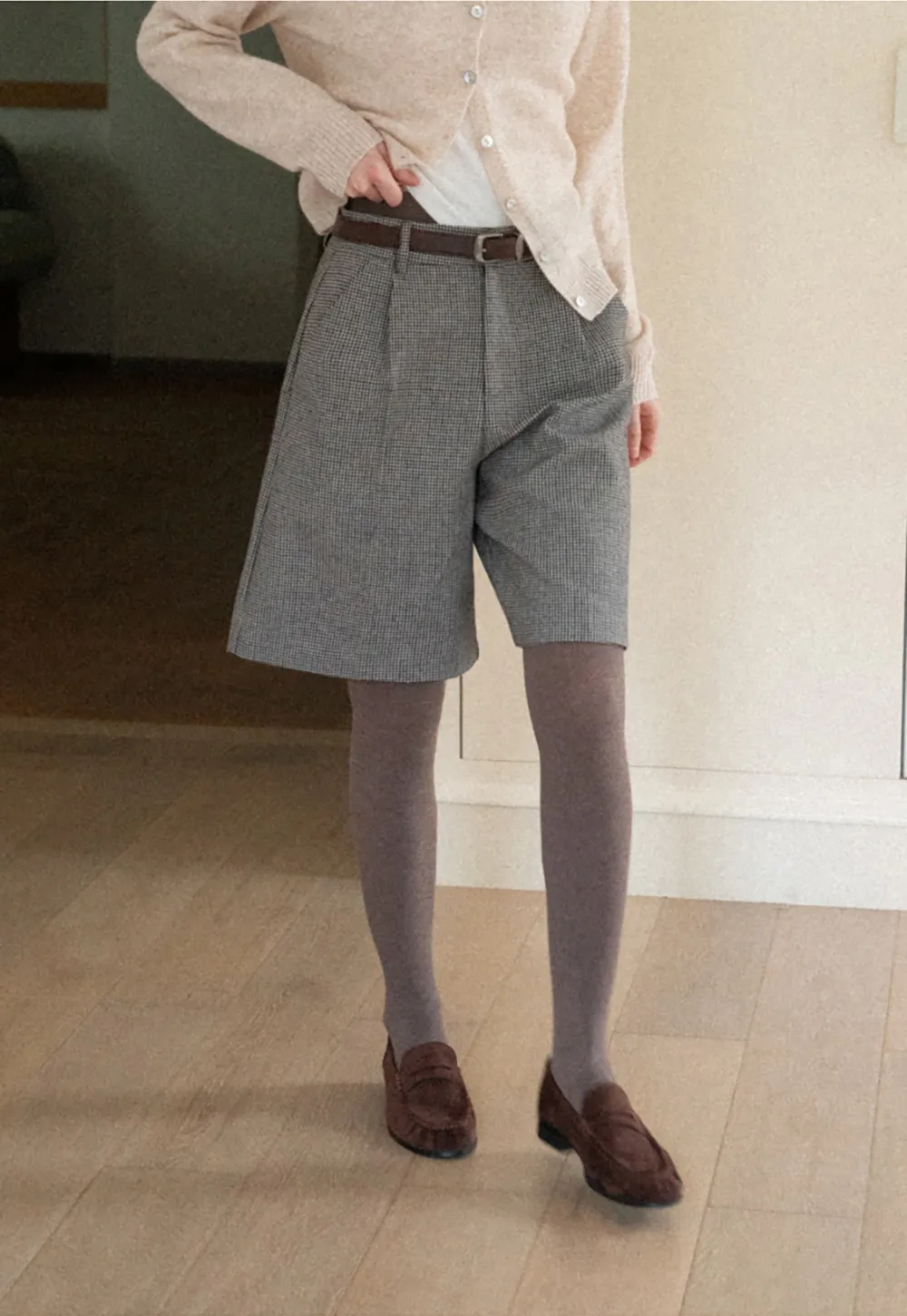 Pleated Houndstooth Patterned Casual Pants