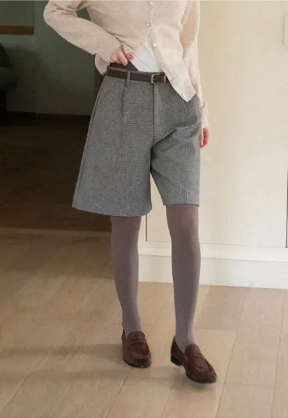 Pleated Houndstooth Patterned Casual Pants