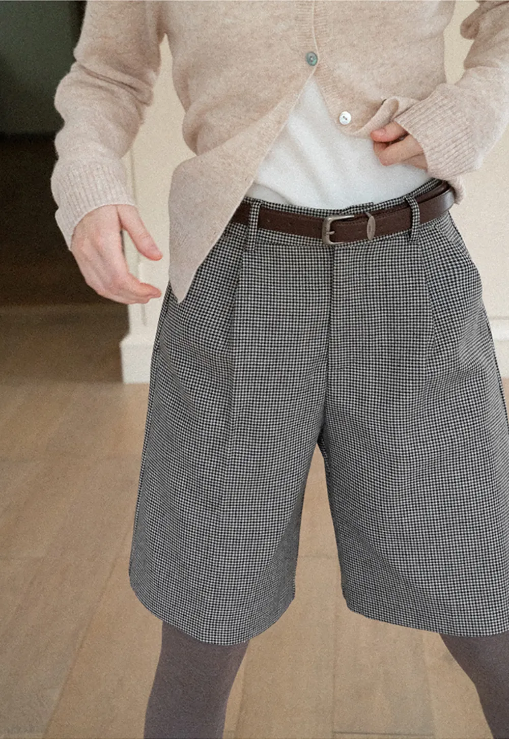 Pleated Houndstooth Patterned Casual Pants