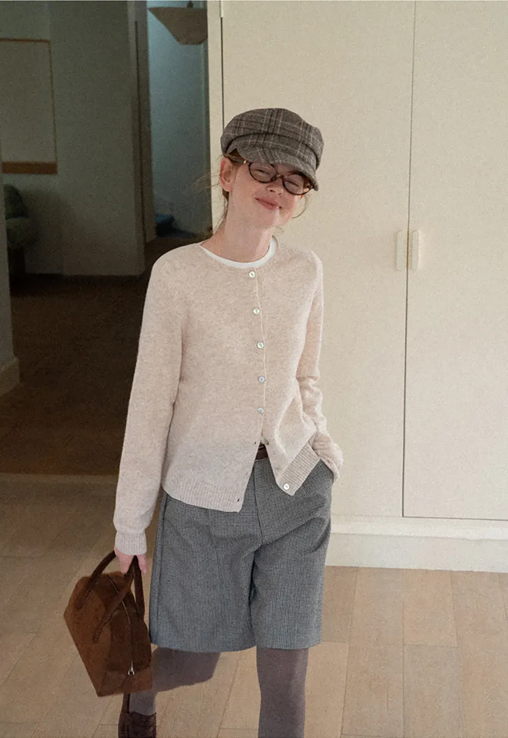 Pleated Houndstooth Patterned Casual Pants