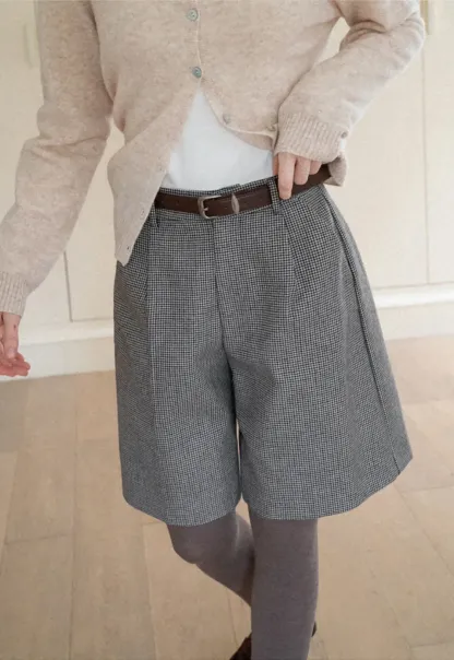 Pleated Houndstooth Patterned Casual Pants