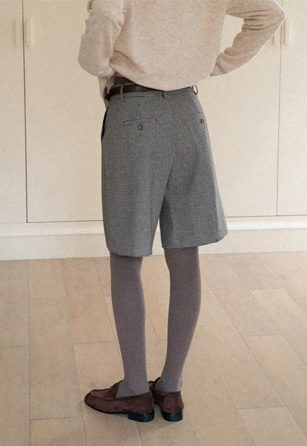 Pleated Houndstooth Patterned Casual Pants