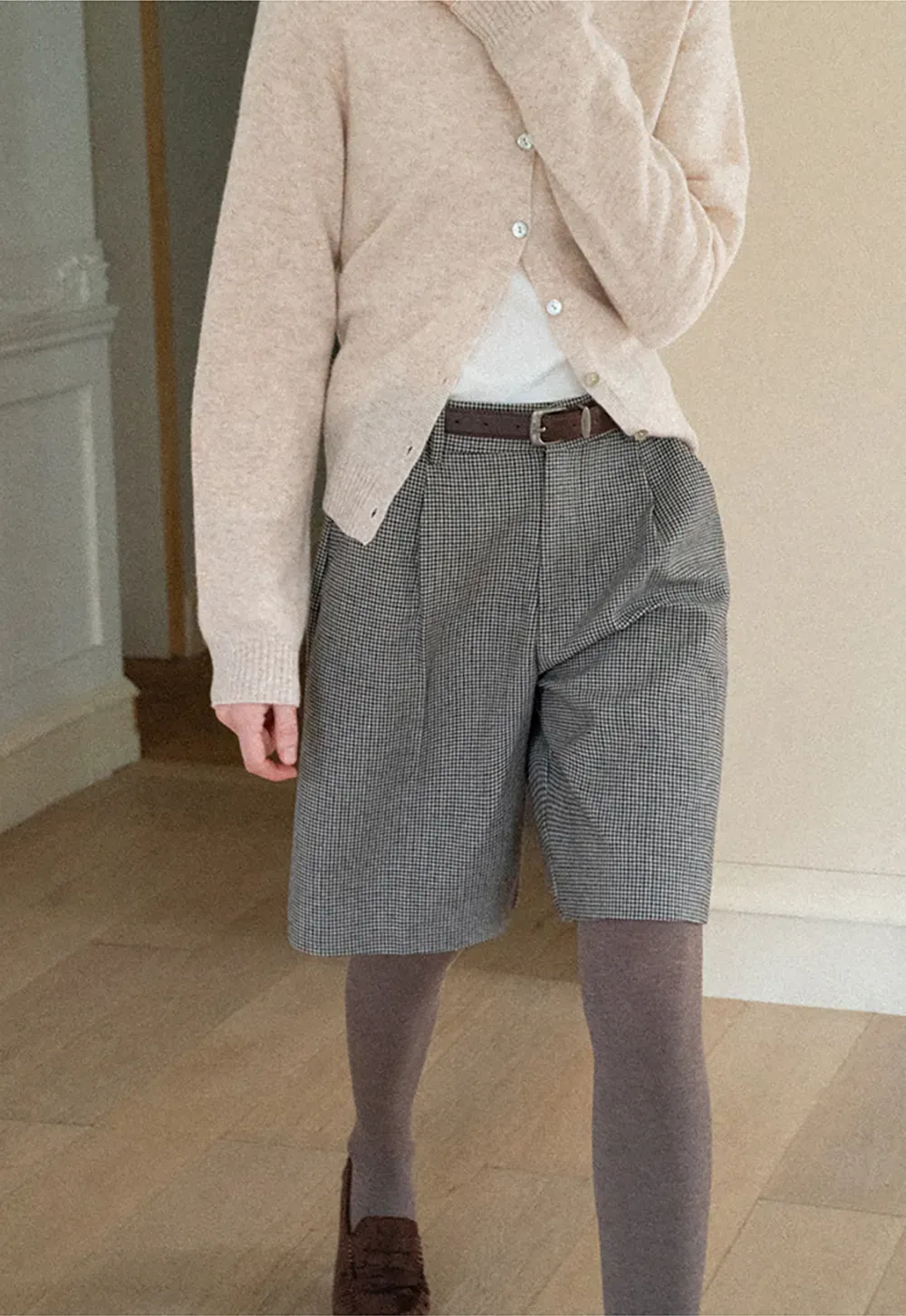 Pleated Houndstooth Patterned Casual Pants