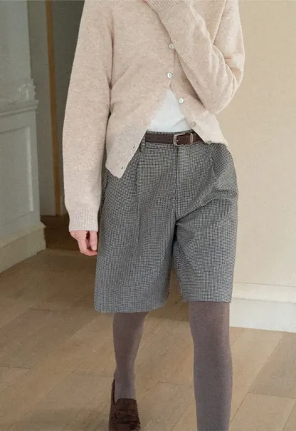 Pleated Houndstooth Patterned Casual Pants