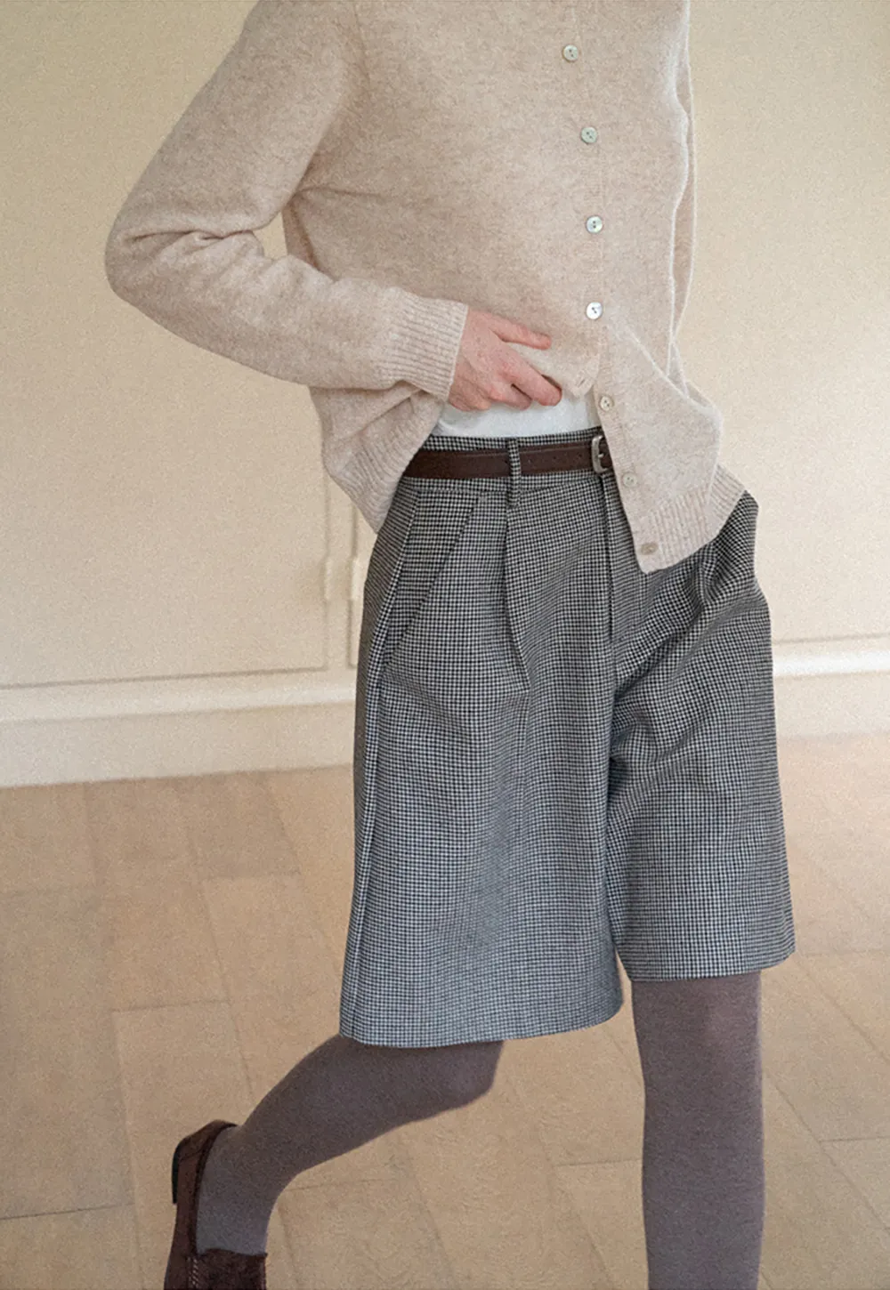 Pleated Houndstooth Patterned Casual Pants