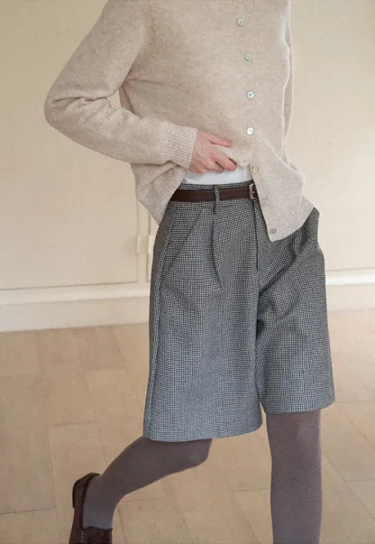 Pleated Houndstooth Patterned Casual Pants