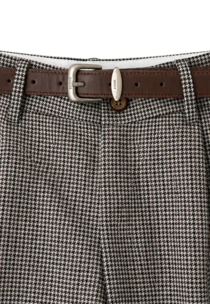 Pleated Houndstooth Patterned Casual Pants