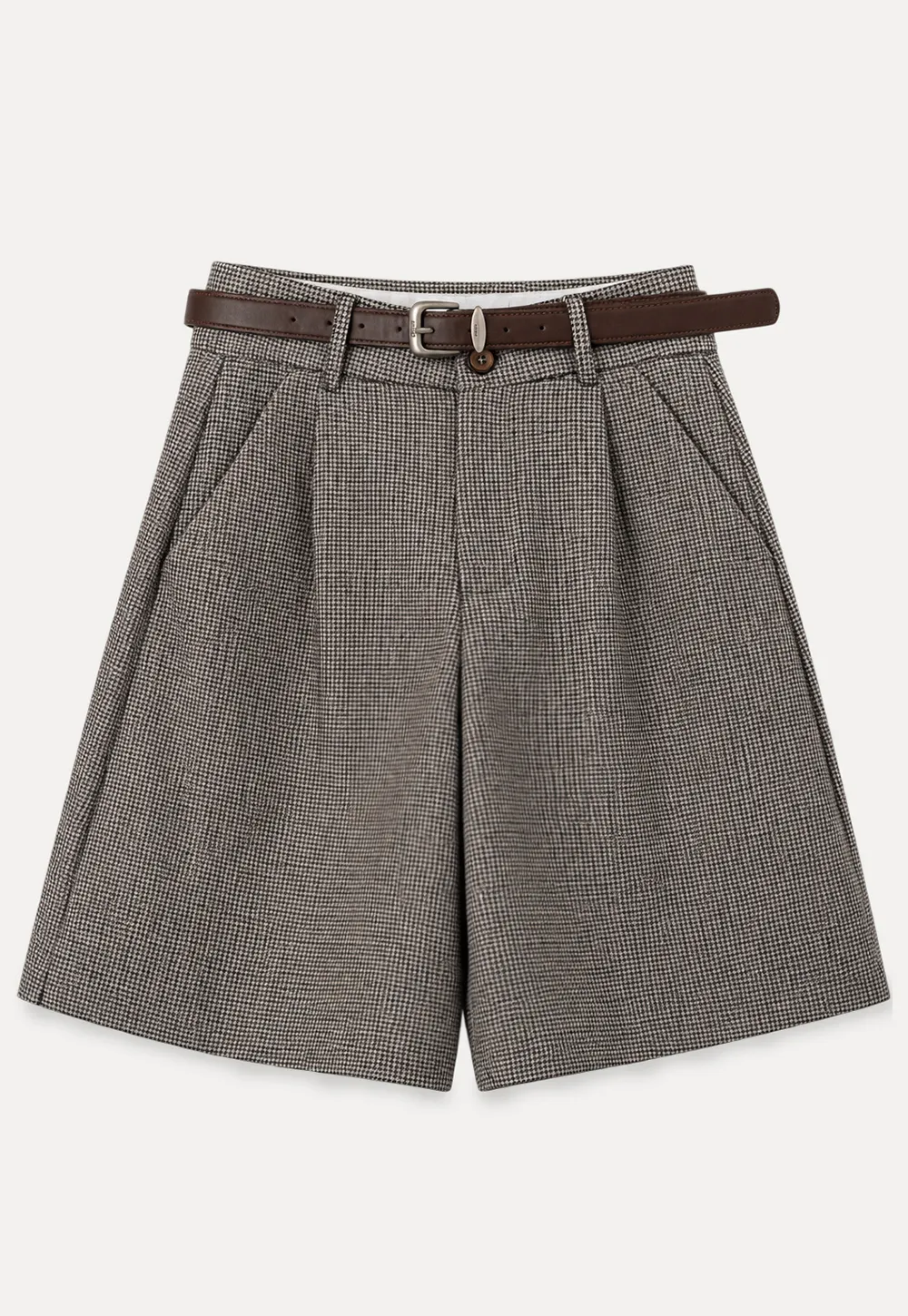 Pleated Houndstooth Patterned Casual Pants