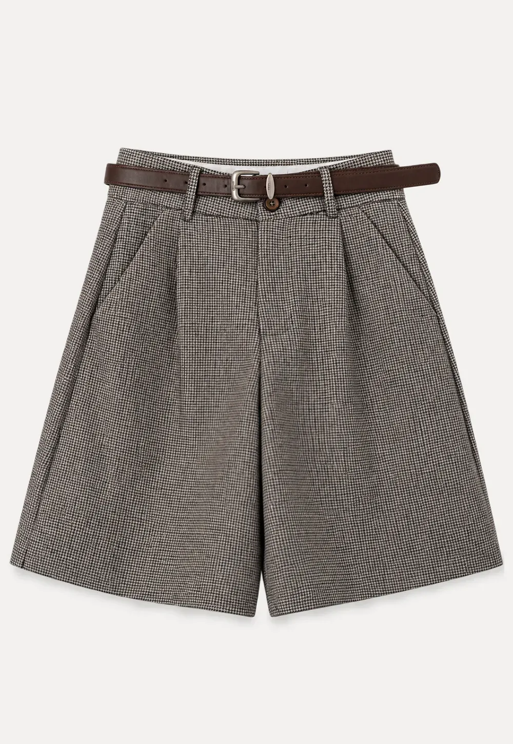 Pleated Houndstooth Patterned Casual Pants